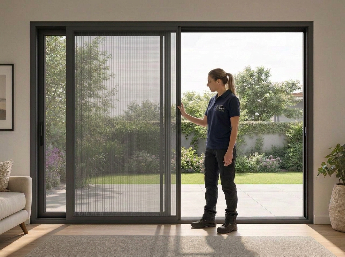 screen-door-patio-with-installer-woman-touching-profile